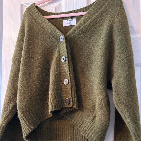 Old Navy Olive Green Cropped Botton Cardigan Sweater - Picture 2 of 4